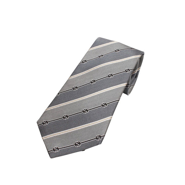 グッチ GUCCI ネクタイ 499696-4B002-1265 メンズ レジメ ストライプ シルク グレー、ゴールド ネクタイ